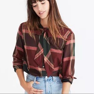 Madewell Plaid Tie-Neck Shirt Blouse Top burgundy